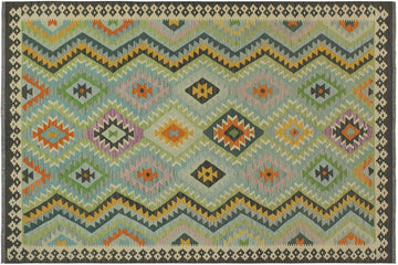 Flat Weave Kilim, Antique, Navaho, Vintage, Handmade, Geometric Kilim Blue Charcoal Hand-Woven Rectangle 100% Wool Area Rug 6 x 8